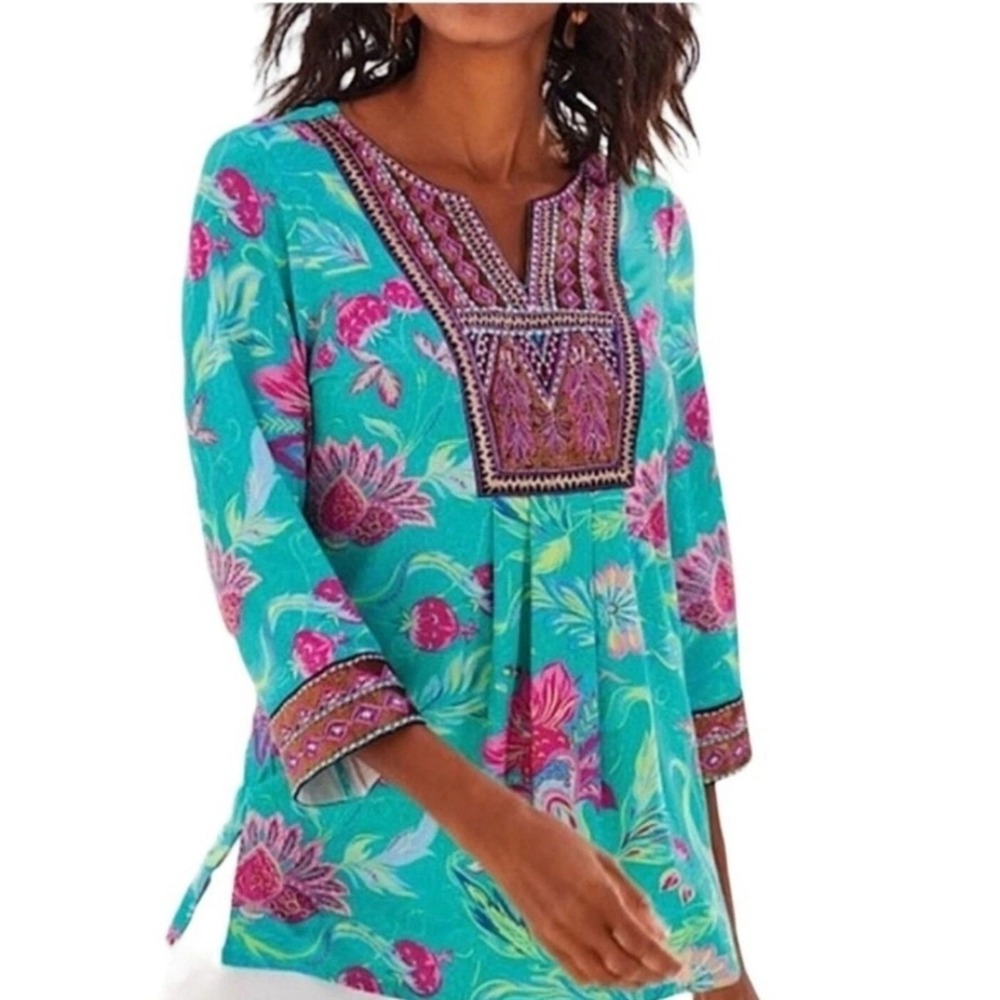 SOFT SURROUNDINGS Top-Tunic Women L‎ Green/Blue Floral Beaded Cottage Boho Retro